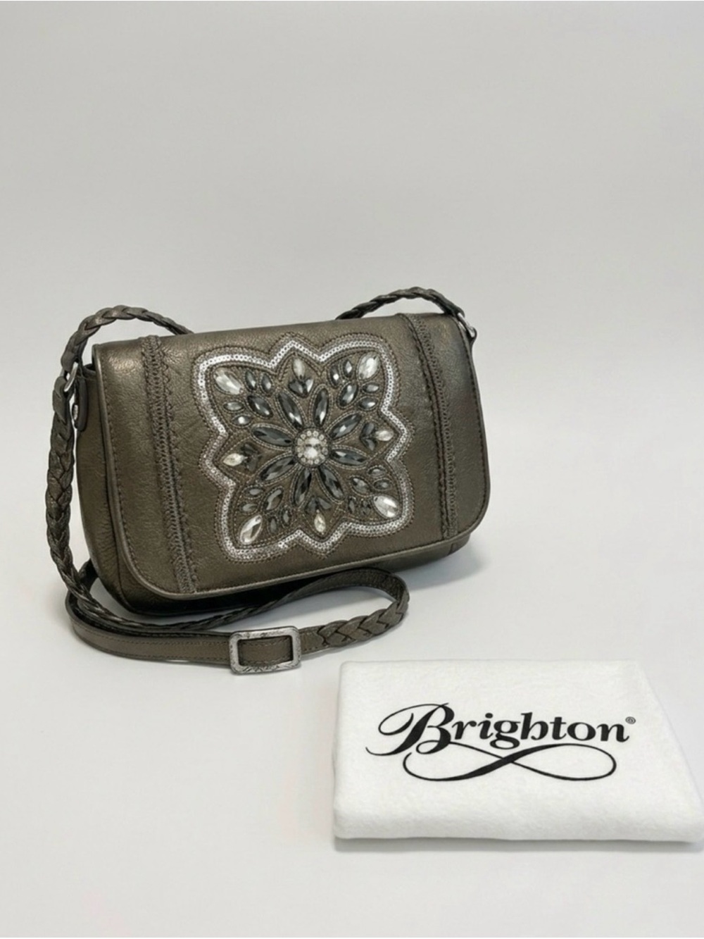 Brighton Masterpiece "Anju" Beaded Crossbody -Pewter Metallic Leather + Dust Bag